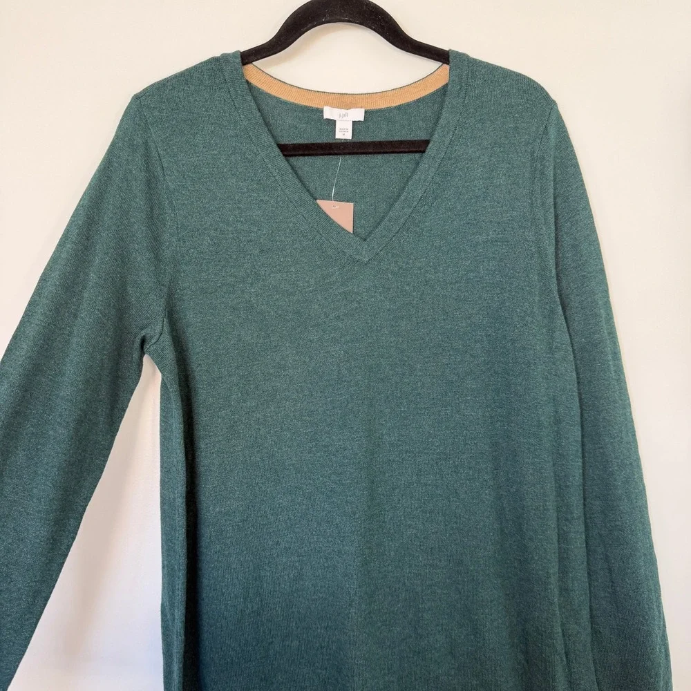 J. Jill NWT Forest‎ Green Heather V-Neck Tunic Sweater Cotton Blend Medium - Picture 2 of 8